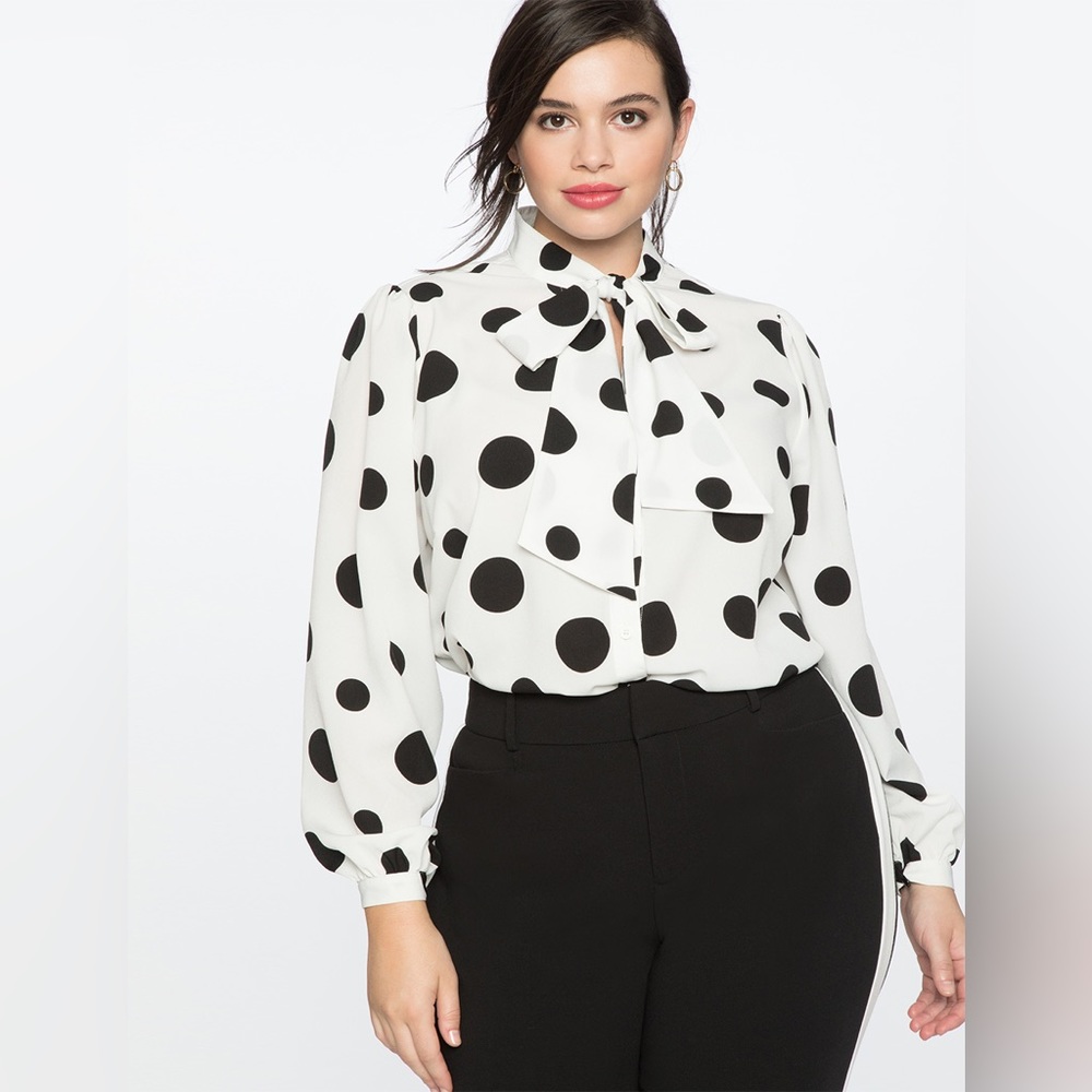 Eloquii Black and White Polka Dot Tie-Neck Blouse
